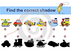 Find correct shadow. Kids educational game. Cartoon transport. Car, submarine, ship, plane, train, helicopter