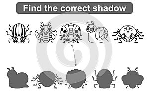 Find the correct shadow. Kids educational game. Coloring pages Insects, Simple gaming level for preschool kids