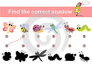 Find correct shadow. Kids educational game. Insects. Butterfly, ant, bee, snail, caterpillar, dragonfly