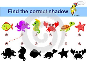 Find correct shadow. Kids educational game. Sea animals