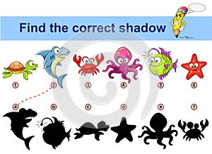 Find correct shadow. Kids educational game. Sea animals. Turtle, shark, crab, octopus, monkfish, starfish photo