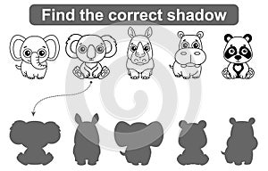 Find correct shadow. Kids educational game. Set of Forest and Zoo Animals to find the correct shadow. Simple gaming