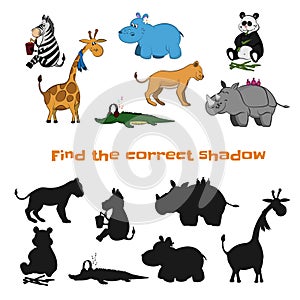 Find the correct shadow. Kids game. Zoo animals in cartoon style. Puzzle with black silhouette