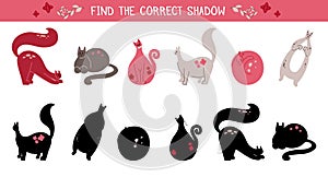 Find the correct shadow for kittens. Children`s educational fun. Find right silhouette for objects. Flat hand drawn cats. Vector