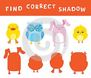 Find the correct shadow learning activity for children. Vector entertainment game with animals