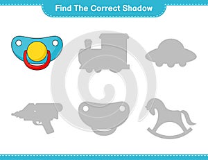 Find the correct shadow. Find and match the correct shadow of Pacifier. Educational children game, printable worksheet, vector