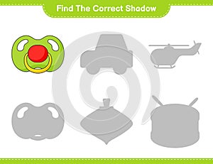 Find the correct shadow. Find and match the correct shadow of Pacifier. Educational children game, printable worksheet, vector