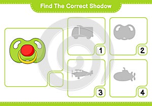 Find the correct shadow. Find and match the correct shadow of Pacifier. Educational children game, printable worksheet, vector