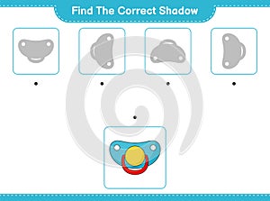 Find the correct shadow. Find and match the correct shadow of Pacifier. Educational children game, printable worksheet, vector