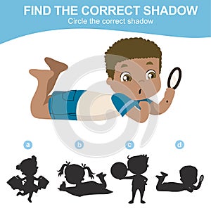 Summer theme find the correct shadow for kids. Find the shadow of a boy holding a magnifying glass