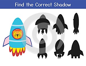 Find the correct shadow matching game with cute lion in a rocket. Space activity page for kids