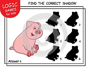 Find the correct shadow Pig. Task with answer. Cute cartoon Piglet. Learning matching game for child with fun animal. Logic Games