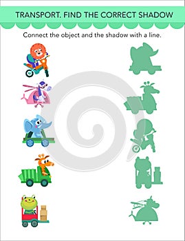 Find correct shadow. Puzzle Game for children. Cute cartoon style characters. Animals on white background. Preschool