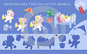 Cute isolated unicorn set. Horse play with kite, dig in garden, sleep