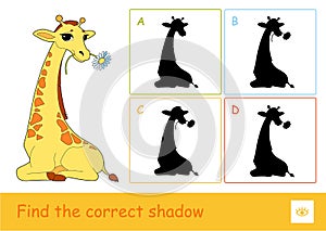 Find the correct shadow quiz learning children game with eating a flower giraffe and four silhouette shadows for the youngest