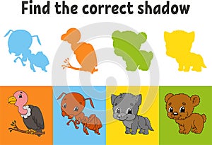 Find the correct shadow. Vulture, ant, wolf, bear. Education worksheet. Matching game for kids. Color activity page. Puzzle for