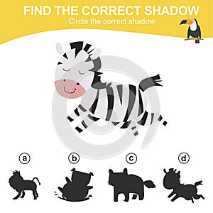 Find the correct shadow of the zebra. Matching animal shadow game for children.