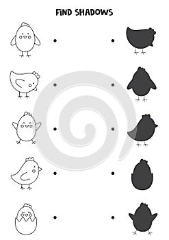Find the correct shadows of black and white Easter chickens. Logical puzzle for kids.