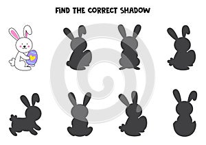 Find the correct shadows of cute Easter bunny. Logical puzzle for kids.