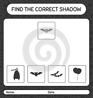 Find the correct shadows game with bat. worksheet for preschool kids, kids activity sheet