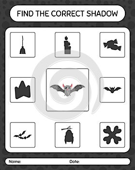 Find the correct shadows game with bat. worksheet for preschool kids, kids activity sheet