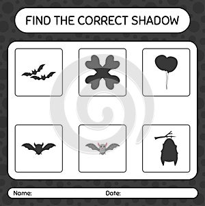 Find the correct shadows game with bat. worksheet for preschool kids, kids activity sheet