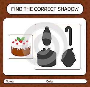 Find the correct shadows game with christmas cake. worksheet for preschool kids, kids activity sheet