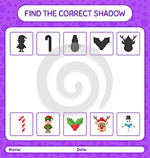 Find the correct shadows game with christmas icon. worksheet for preschool kids, kids activity sheet