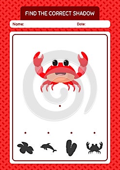 Find the correct shadows game with crab. worksheet for preschool kids, kids activity sheet