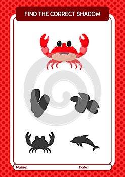 Find the correct shadows game with crab. worksheet for preschool kids, kids activity sheet