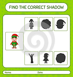 Find the correct shadows game with elf. worksheet for preschool kids, kids activity sheet