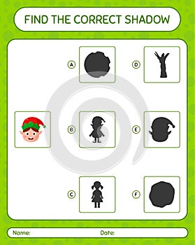 Find the correct shadows game with elf. worksheet for preschool kids, kids activity sheet