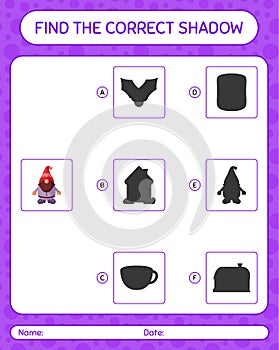 Find the correct shadows game with gnome. worksheet for preschool kids, kids activity sheet