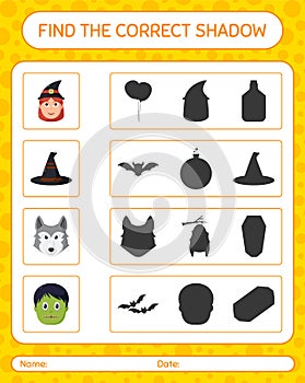 Find the correct shadows game with halloween icon. worksheet for preschool kids, kids activity sheet