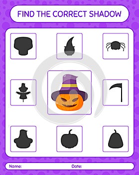 Find the correct shadows game with jack o` lantern. worksheet for preschool kids, kids activity sheet