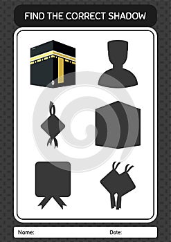 Find the correct shadows game with kaaba. worksheet for preschool kids, kids activity sheet