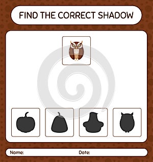 Find the correct shadows game with owl. worksheet for preschool kids, kids activity sheet