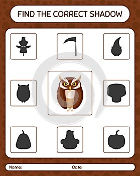 Find the correct shadows game with owl. worksheet for preschool kids, kids activity sheet