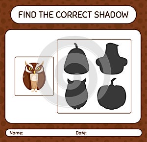 Find the correct shadows game with owl. worksheet for preschool kids, kids activity sheet