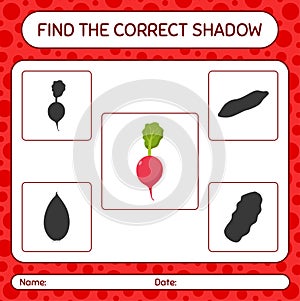 Find the correct shadows game with radish. worksheet for preschool kids, kids activity sheet