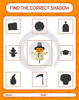 Find the correct shadows game with scarecrow. worksheet for preschool kids, kids activity sheet