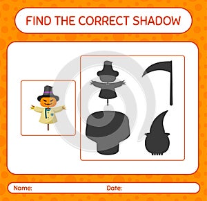 Find the correct shadows game with scarecrow. worksheet for preschool kids, kids activity sheet