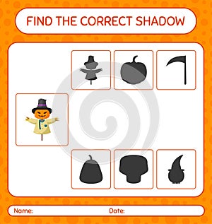 Find the correct shadows game with scarecrow. worksheet for preschool kids, kids activity sheet