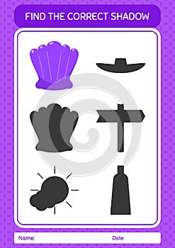 Find the correct shadows game with shells. worksheet for preschool kids, kids activity sheet