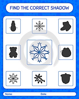 Find the correct shadows game with snowflake. worksheet for preschool kids, kids activity sheet