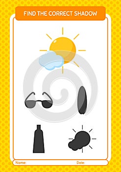 Find the correct shadows game with sun. worksheet for preschool kids, kids activity sheet