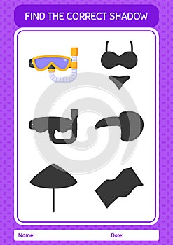 Find the correct shadows game with swimming goggles. worksheet for preschool kids, kids activity sheet