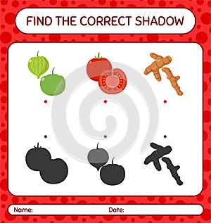 Find the correct shadows game with vegetables. worksheet for preschool kids, kids activity sheet