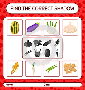 Find the correct shadows game with vegetables. worksheet for preschool kids, kids activity sheet