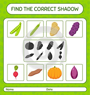 Find the correct shadows game with vegetables. worksheet for preschool kids, kids activity sheet